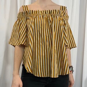 True Destiny off the shoulder open shoulder pin striped yellow black white top